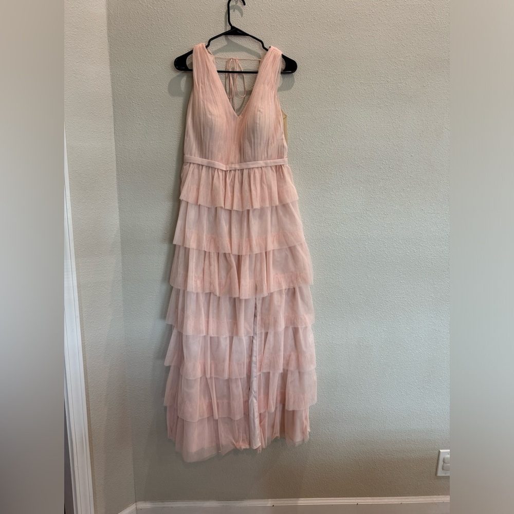 Pale Pink Tulle Long Ruffle Dress - Size 12 - Revelry